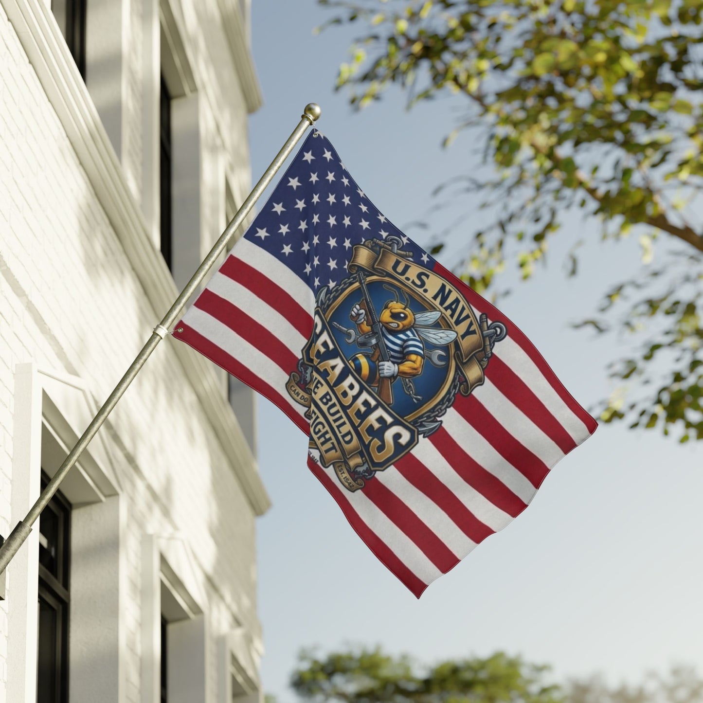 Seabees U.S. Navy American Flag — Double-Sided We Build We Fight Banner