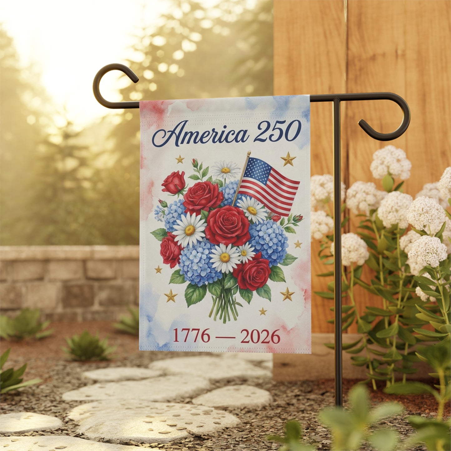 America 250 Garden Flag, 1776-2026 USA Semiquincentennial Yard Decor, Patriotic Floral Front Porch Flag, 4th of July Independence Day Gift