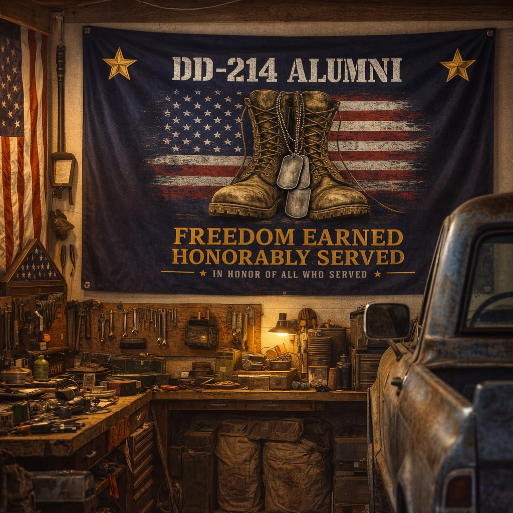 DD-214 Alumni Flag – "Freedom Earned, Honorably Served" Military Tribute Double-Sided Flag
